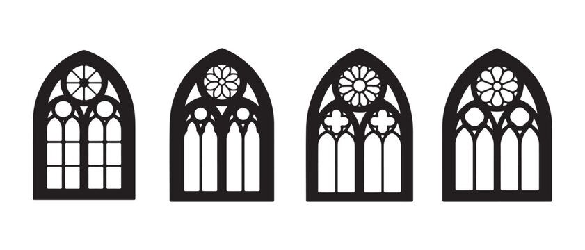 Set of four black gothic church window icons with pointed arches and circular rose patterns.