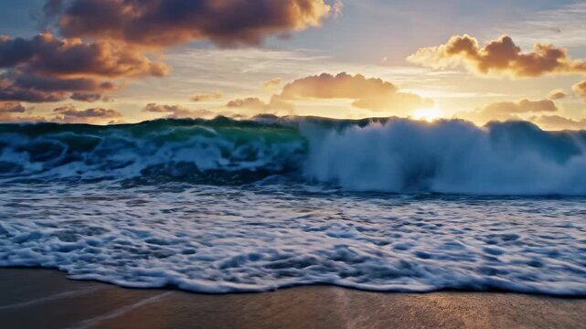 Dramatic ocean wave crashing ashore during a vibrant sunset with golden light rays and colorful clouds, serene seascape.