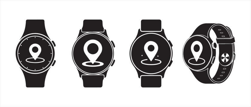 Set of black smart watch icons with location pin symbol on screen display.