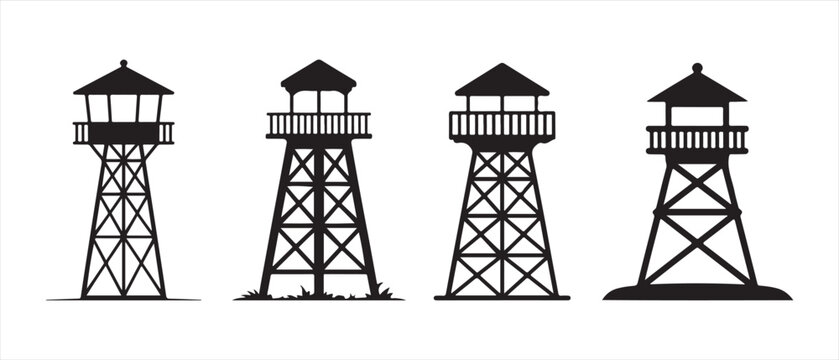 Set of four black silhouette watchtower icons for security and observation.