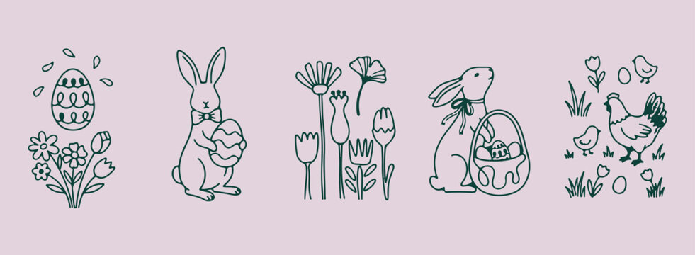 Easter bunny and egg decoration, festive spring pattern design, cute animal character illustration, clean line art, minimal monoline aesthetic, isolated vector graphic, modern holiday background, prem