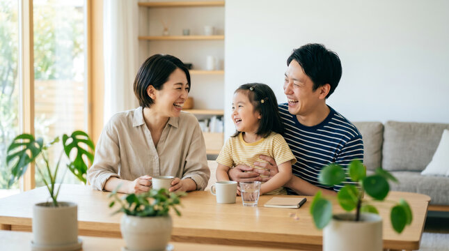 家族がリビングやダイニングで食事を楽しむ笑顔のライフスタイル