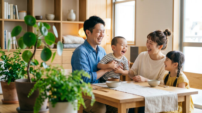 家族がリビングやダイニングで食事を楽しむ笑顔のライフスタイル
