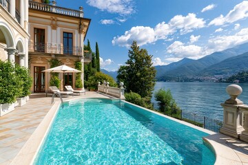 Obraz premium Luxurious italian villa with swimming pool overlooking lake como and mountains, offering upscale travel and relaxation