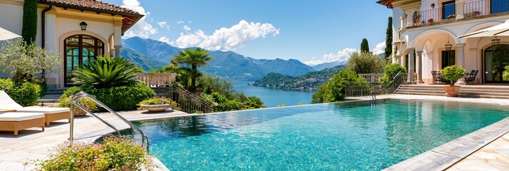 Fototapeta premium Luxurious italian villa estate on lake como with infinity swimming pool and stunning mountain views