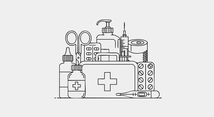 Naklejka premium Medical first aid kit box with various healthcare equipment and medicine.