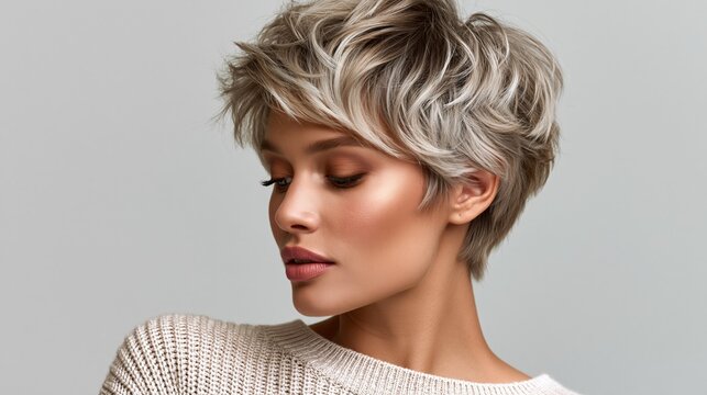Beautiful woman with a stunning textured ash-blonde pixie haircut completely visible in frame, multidimensional cool ash tones blending from dark roots to light platinum ends