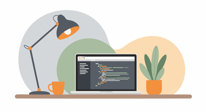 Modern developer workspace with laptop and coding screen.