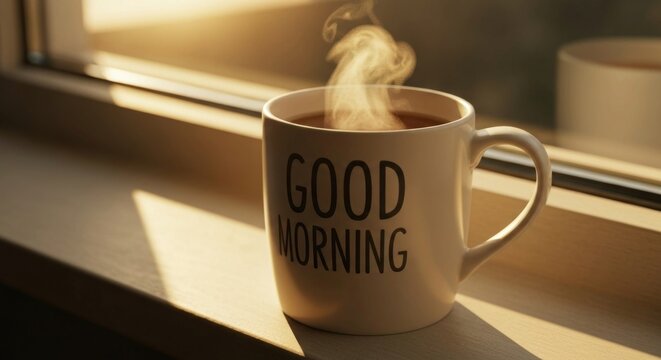 Steaming beverage in a mug on a windowsill, bathed in warm sunlight