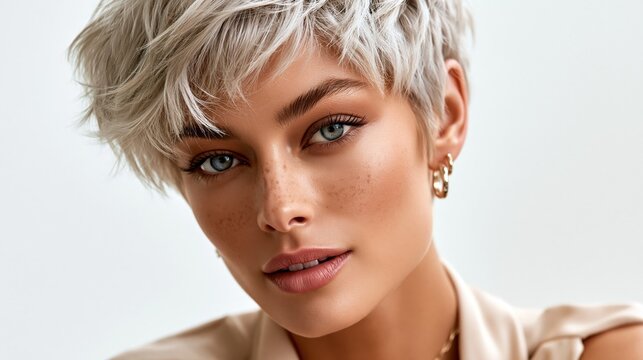 Confident stylish woman with a sophisticated ash-blonde pixie haircut, full cut visible in shot, icy platinum ash blonde with smoky cool highlights, heavily textured layers on top