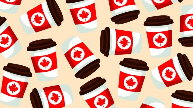 Seamless Canada Day pattern featuring takeaway coffee cups decorated with maple leaf symbols. Perfect for patriotic promotions, holiday backgrounds, seasonal campaigns, and festive video projects.