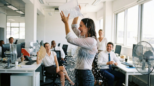  Summer heatwave office: Laughing businesswoman pouring a bucket of ice water over herself in the office while colleagues watch. Concept of extreme heat, cooling down, and a broken air conditioner