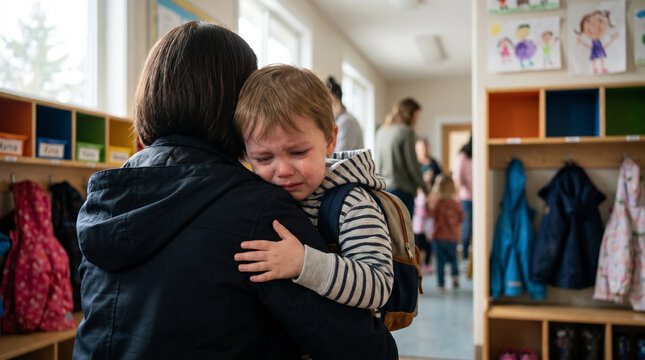 Crying toddler clinging to mother at daycare entrance: separation anxiety and morning drop-off struggle concept