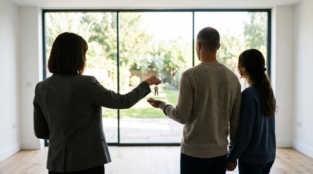 Real estate agent handing house keys to young couple in new modern home
