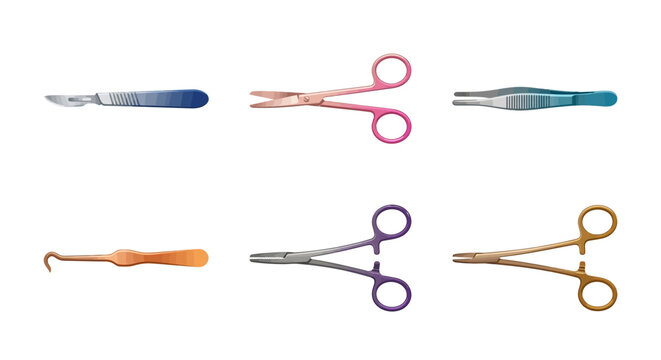 Diverse surgical instruments collection: scalpel, clamps, forceps, and scissors. Essential medical tools for healthcare procedures.