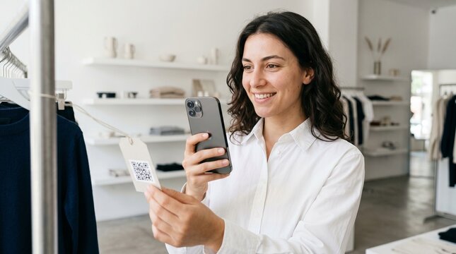 Smiling young woman scanning QR code on clothes tag with smartphone in boutique.