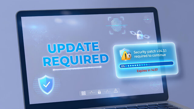 modern 3D illustration of a laptop screen displaying the words &ldquo;UPDATE REQUIRED&rdquo; in large clean typography