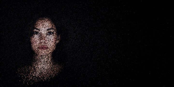 Digital ID Portrait of Woman with Face made up of Computer code. Access control Concept with copy-space.