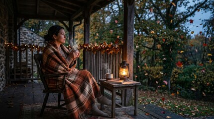 Obraz premium Woman Wrapped in Blanket Drinking Tea on Autumn Veranda Overlooking Garden
