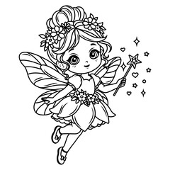 Fototapeta premium Little cute fairy.Coloring book for children and adults. Illustration isolated on white background. Hand draw