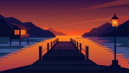 Fototapeta premium Sunset over serene lake with mountain view