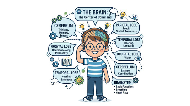 Cartoon Boy with Brain Anatomy Illustration, Center of Command