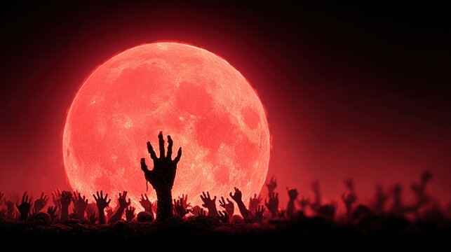 Bony pale hands of sexy woman vampire with sharp bloody red nails rising out from the ground,Halloween grave crosses,zombies at night,creepy hand coming out of the ground,halloween concept.