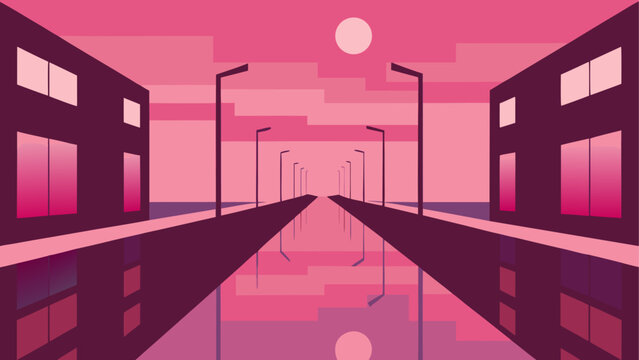 Pink urban sunset reflection