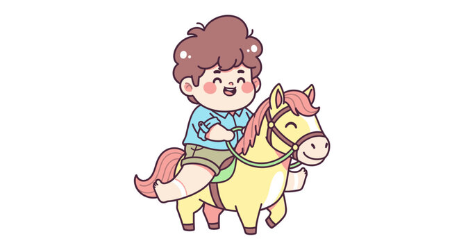 Happy cartoon child riding colorful imaginary pony toy.