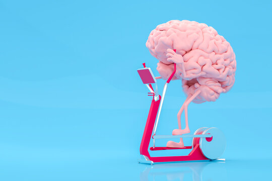 Brain exercising on a treadmill with a blue background