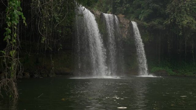 Rising shot from water level with a tilt up reveal to Tad Champee waterfall, framed by foreground leaves and dense jungle vegetation.