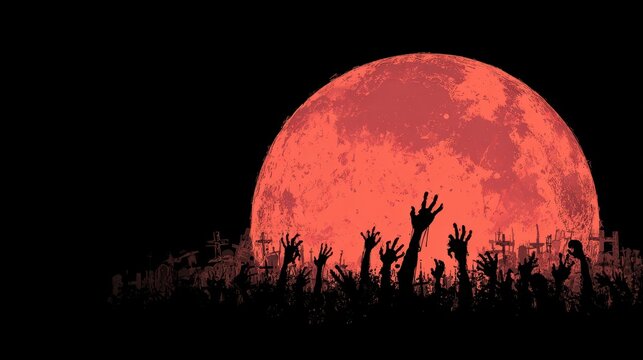 Bony pale hands of sexy woman vampire with sharp bloody red nails rising out from the ground,Halloween grave crosses,zombies at night,creepy hand coming out of the ground,halloween concept.