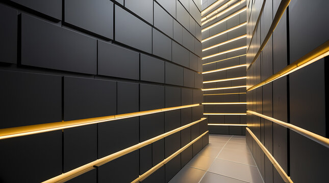 Abstract post-quantum data vault technical background with matte charcoal grey plates and glowing gold light seams