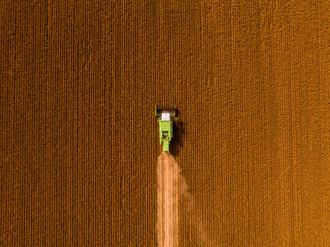 Aerial view of combine harvester on a field of soybean