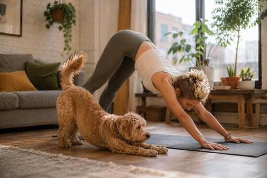 Woman and her dog doing downward dog yoga at home
