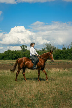 Woman riding a brown horse in a grassy field