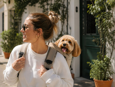 A smiling woman carries her cute dog in a backpack
