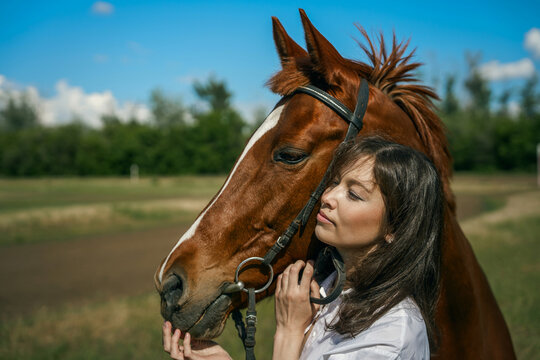 Young woman and horse in a field, blue sky
