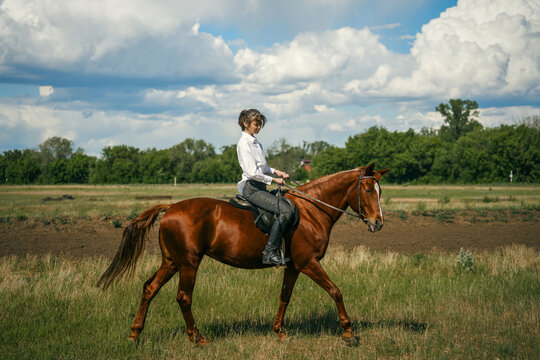 Woman riding a brown horse in a grassy field