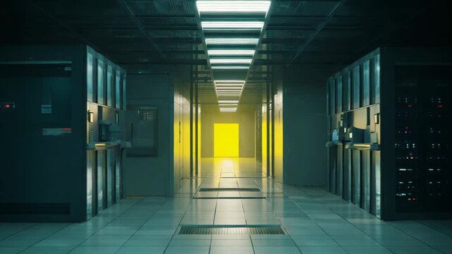 Server room corridor with rows of rack cabinets holding computer servers, illustrating the core infrastructure of modern cloud computing and digital technology