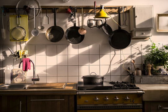 Kitchen unit in a domestic kitchen at evening light