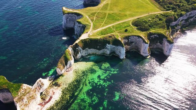 Top down aerial drone footage of Old Harry Rocks on the Dorset coast in England, showing white chalk cliffs, sea caves, green clifftop paths, turquoise shallow water, and calm blue sea.