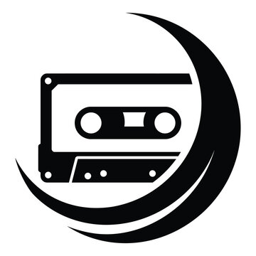 Black and white cassette tape in a crescent shape icon symbol icon