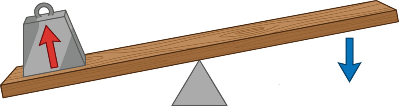 Wooden Seesaw with Heavy Weight and Directional Arrows Vector Illustration Showing Force Imbalance and Leverage Concept