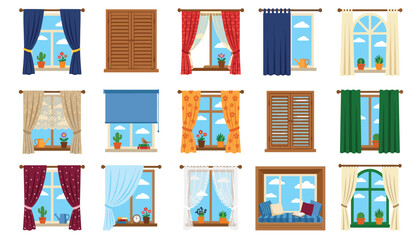 Window curtain vector interior icon set. Colorful drapes, roller blinds, wooden shutters, cozy windowsill seat, potted plants, clear sky and home decor graphics. © Creative Studio 