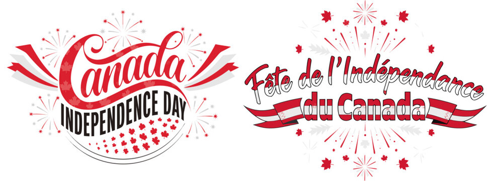 Canada independence day and fete de lindependance du canada text with fireworks and maple leaves