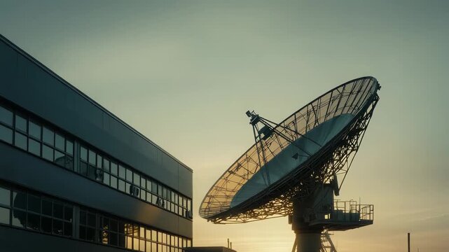 Large parabolic satellite antenna at an earth station, transmitting and receiving signals against a warm golden hour sky, symbolizing global telecommunications and connectivity