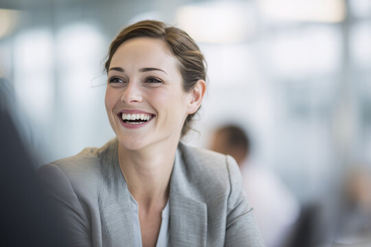 
Businesswoman chief marketing officer smiling in corporate office, confident CMO, brand strategist and female executive leading campaign teamwork and growth.