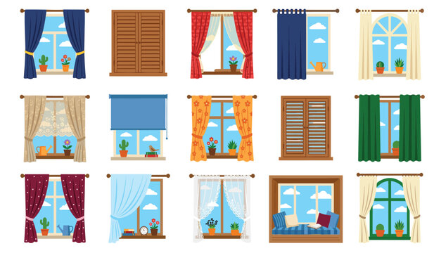 Window curtain vector interior icon set. Colorful drapes, roller blinds, wooden shutters, cozy windowsill seat, potted plants, clear sky and home decor graphics.
