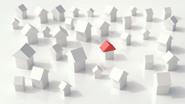Group of one-family houses on white ground, 3D Rendering